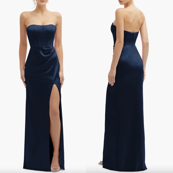 NEW AFTER SIX Midnight Blu CORSET Strapless DRAPED Charmeuse COLUMN Satin GOWN 8 - Picture 1 of 14